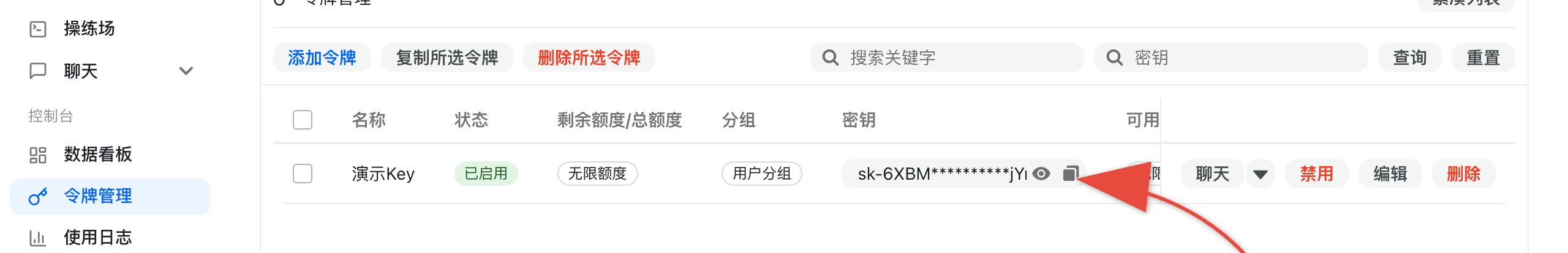 令牌列表 - 复制 API Key